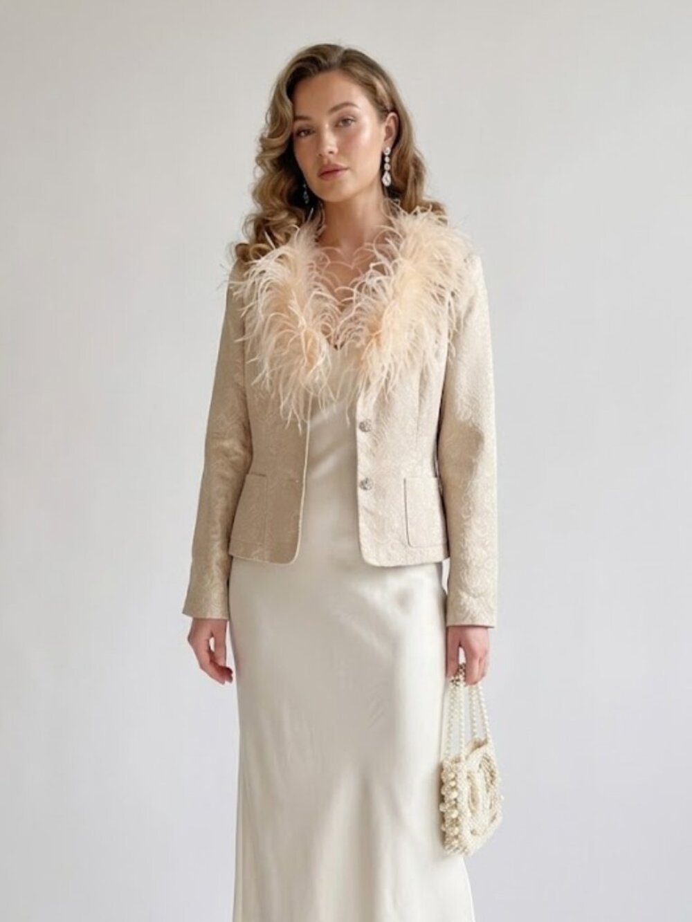 Victor Costa Feather Trim Brocade Jacket Ivory Champagne Embellished Size 8